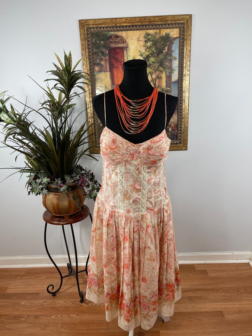 Teri Jon Skirt Dress Womens 14 Peach Paisley Floral Spaghetti Straps Cottagecore